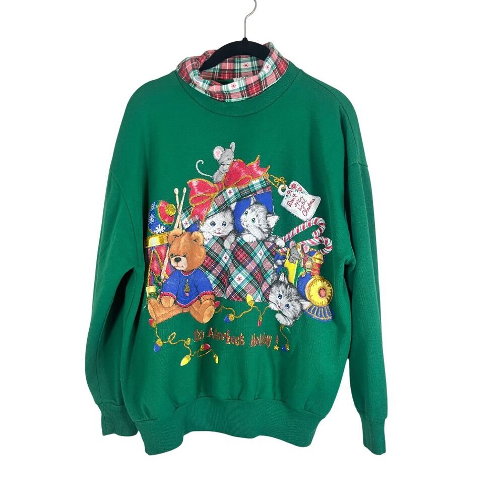 Vintage‎ Christmas Sweatshirt Green L Plaid Festive Classic Holiday Preppy 80s